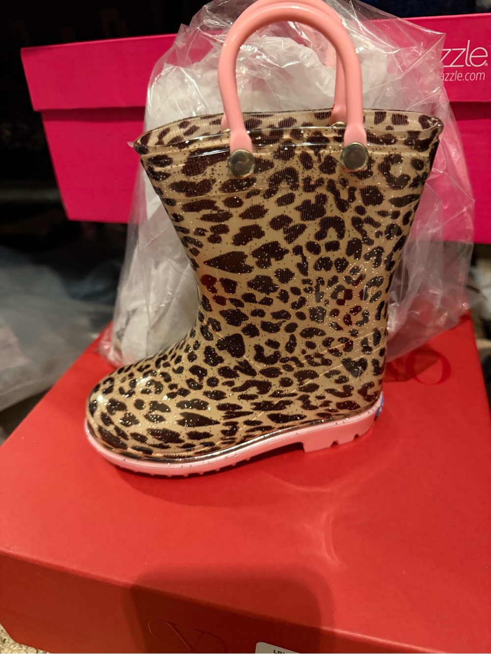 Girls Leopard Print Rain Boots with Pink Handles